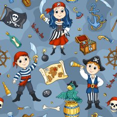 Cute pirates blue seamless pattern