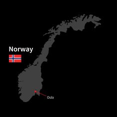 Detailed map of Norway and capital city Oslo with flag