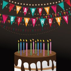 Birthday card with big cake and flags
