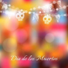 Dia de los muertos Halloween card with lights sculls flags