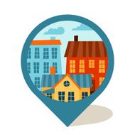 Cityscape navigation marker with cute colorful houses
