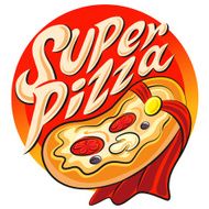 Superhero pizza label Vector illustration isolated on a white background