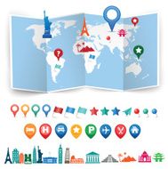 opened world map with landmarks and gps icons