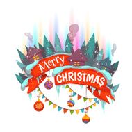 Merry Christmas banner withhouses and Northern Lights Vector illustration