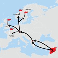 Migrant route from Syria Destinations on vector map