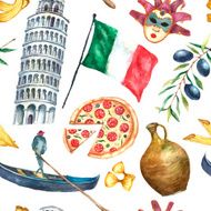 Seamless pattern of Italy icons watercolor illustration