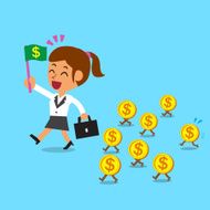 Business concept cartoon businesswoman walking with money coins