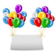 Flying balloons with paper and place for text blue background