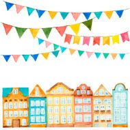 Watercolor of the house and flags