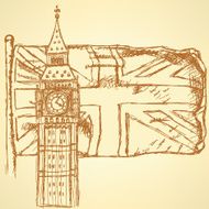 Sketch Big Ben on tile with UK flag vector background N2