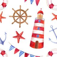 Nautical vintage watercolor pattern with a lighthouse