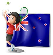 young tennis player in front of the New Zealand flag