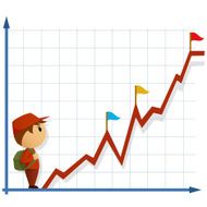 Cartoon little man with bag and infographic