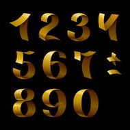 Set of isolated golden shining ribbon numbers on black backgroun