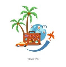 Travel suitcase with globe and icons
