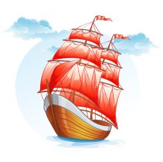 Cartoon images of a sailboat with red sails