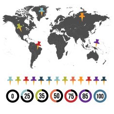 gray world map with pins and tags