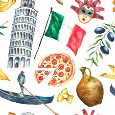 Seamless pattern of Italy icons watercolor illustration