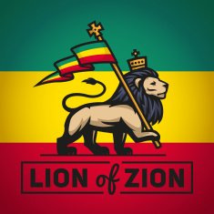 Judah lion with a rastafari flag King of Zion logo