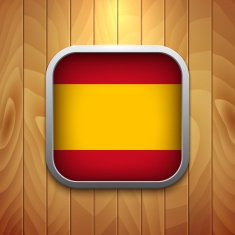 Rounded Square Spain Flag Icon on Wood Texture