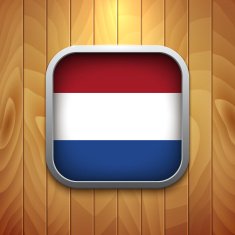 Rounded Square Dutch Flag Icon on Wood Texture