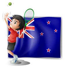 young tennis player in front of the New Zealand flag