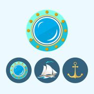 Set icons with colored sailing vessel anchor porthole vector illustration N3