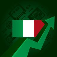 Italy flag with arrow pointing up media icons included