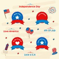 Set of stylish badge with ribbon balloons fireworks and hat