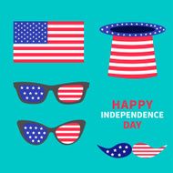 Glasses mustaches hat flag set Happy independence day