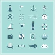 Blue Summer Naval and beach icons set