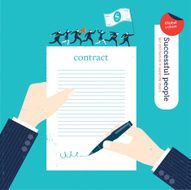 Businessman signing a contract businesspeople marching on with money flag