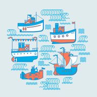 Boats silhouettes with waves