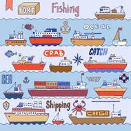 Ships in port doodle set Vector illustration