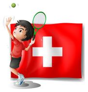 Tennis player in front of the Switzerland flag