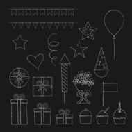Chalk birthday party icons set N2