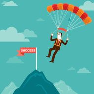 Parachuting Businessman Landing on Mountain Peak
