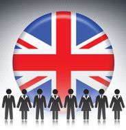 British Flag Button with Business Concept Stick Figures N2
