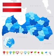 Map of Latvia - states cities flag and icons
