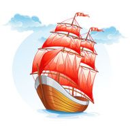 Cartoon images of a sailboat with red sails N2