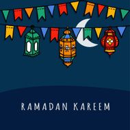 Hand drawn arabic lanterns with decorative flags Ramadan vector N2