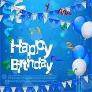 Happy Birthday with balloons flags in blue background N2