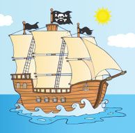 Pirate Ship Sailing Under Jolly Roger Flag