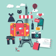 Suitcase in Paris tourism concept image Vacation flat vector french icons N2