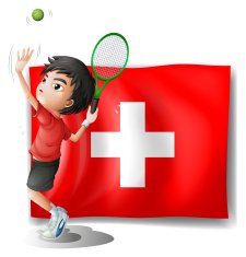 Tennis player in front of the Switzerland flag