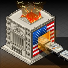 Isometric Stock Exchange Burning Dollars