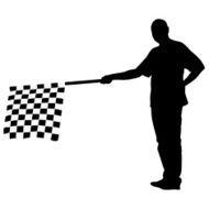 Man waving at the finish of black white checkered flag