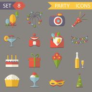 Retro Flat Birthday Party Celebrate Icons and Symbols Set Vector