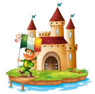 Castle with a man holding the flag of Ireland