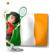 Boy playing tennis in front of the Ireland flag N3